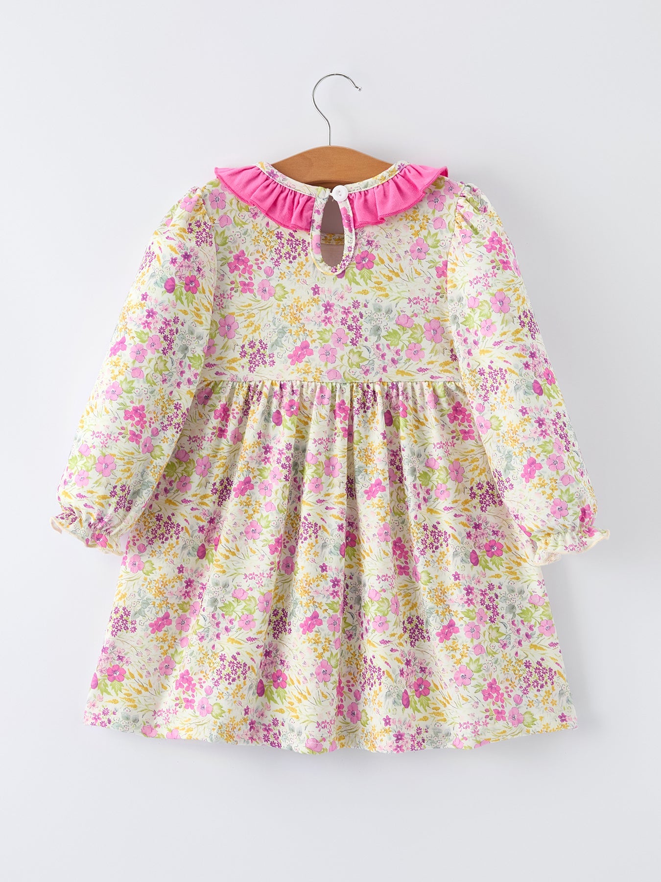 Easter Pink Bunny Embroidered Floral Long-Sleeved Girls' Dress