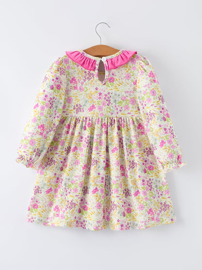 Easter Pink Bunny Embroidered Floral Long-Sleeved Girls' Dress