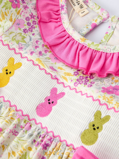 Easter Pink Bunny Embroidered Floral Long-Sleeved Girls' Dress