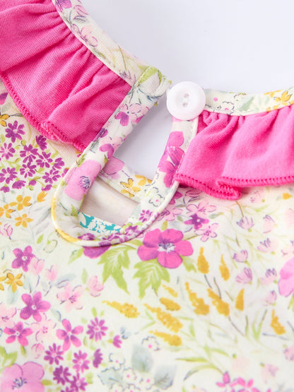 Easter Pink Bunny Embroidered Floral Long-Sleeved Girls' Dress