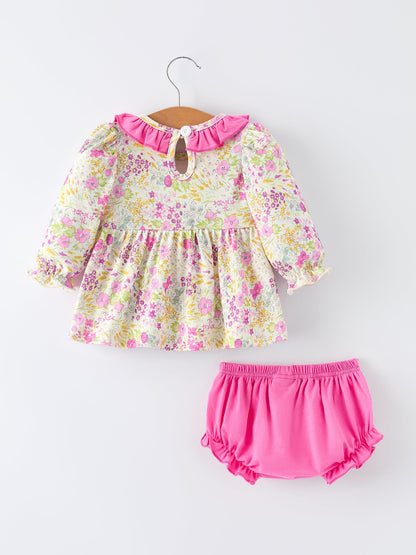 Easter Pink Bunny Embroidered Floral Long-Sleeved Girl Bloomer Set