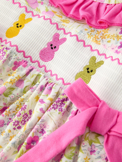 Easter Pink Bunny Embroidered Floral Long-Sleeved Girl Bloomer Set