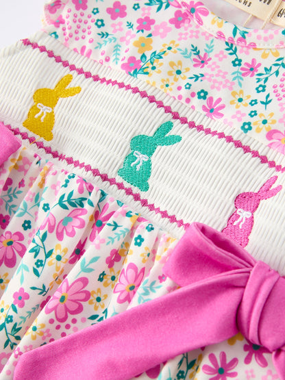 Easter Colorful Floral Bunny Bow Smocking Embroidery Baby Girl Romper