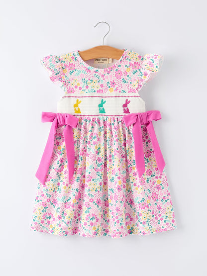 Easter Colorful Floral Bunny Bow Smocking Embroidery Girl Dress