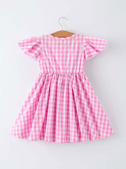 Spring Plaid Girls Dress Bow Flutter Sleeve