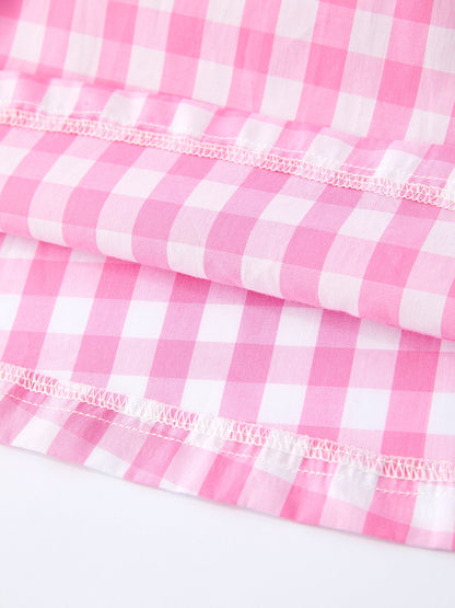 Spring Plaid Girls Dress Bow Flutter Sleeve