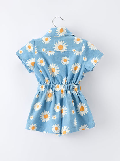 Spring Daisy Print Girls Blue Denim Jumpsuit