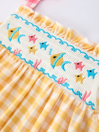 Fish Embroidery Smocking Plaid Girls' Dress
