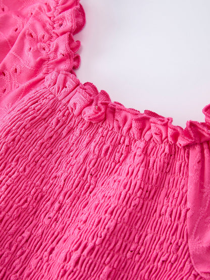 Spring Hot Pink Short-sleeved Girls Jumpsuit