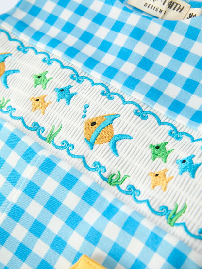 Fish Embroidery Smocking Plaid Baby Boy Romper