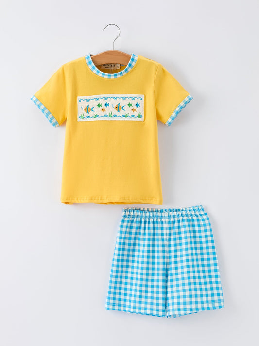 Fish Embroidery Smocking Plaid Boys'Set
