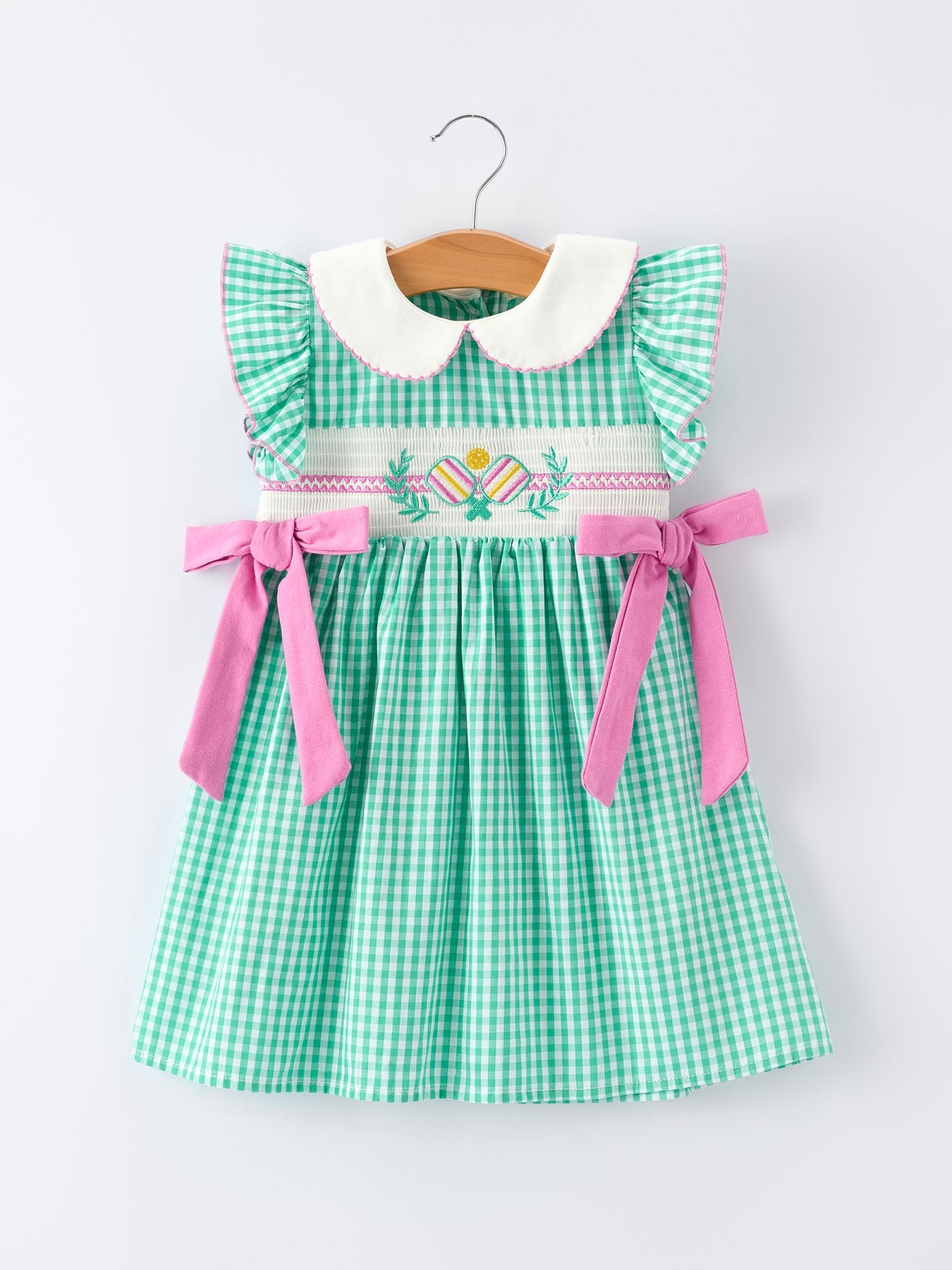 Spring Gingham Bow Ruffle Smocked Pickle Ball Girl Dress