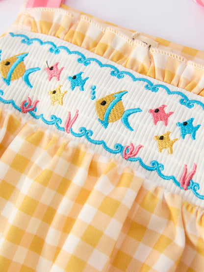 Fish Embroidery Smocking Plaid Baby Girl Romper