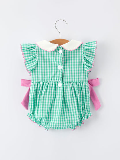 Pickle Ball Bow Ruffle Smocked Green Baby Girl Romper