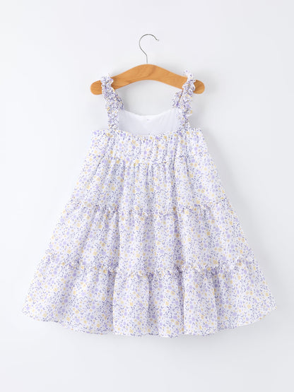Spring Floral Girls Ruffle Bow Spaghetti Strap Dress