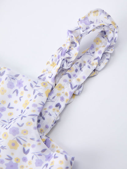 Spring Floral Girls Ruffle Bow Spaghetti Strap Dress