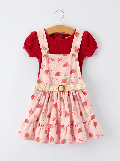 Girls Spring Short-sleeved top + Strawberry Print Overall Dress Set
