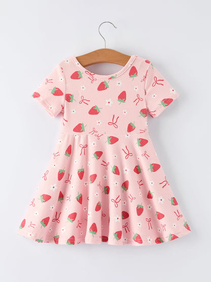 Strawberry Bow Girls Short Sleeves Dress