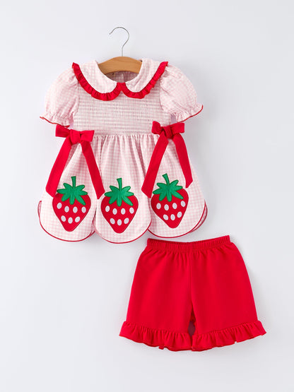 PREORDER Girls' Plaid Smocked Strawberry Applique Shorts Set