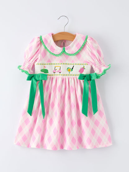 Spring Golf Embroidered Girls Smocked Bow Dress