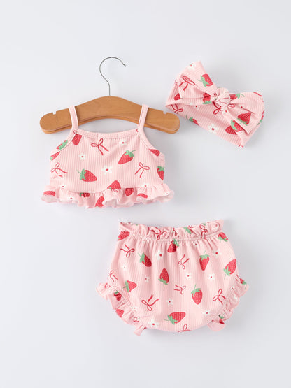 Strawberry Bow Baby Girls Short Sleeves Bloomer Set