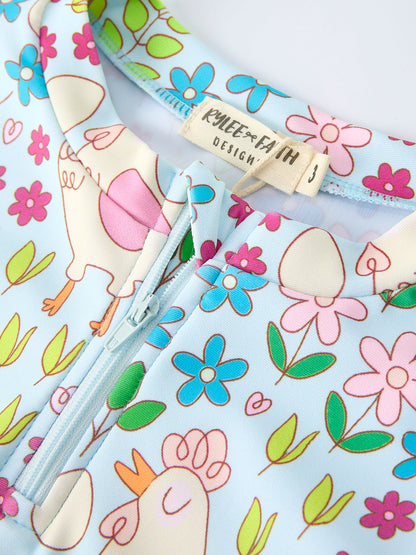 Summer Chicken Print Girls Long Sleeve Swim Set