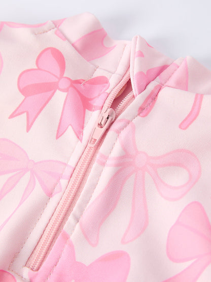 Summer Bow Print Girls Long Sleeve Ruffle One Piece Swimsuit