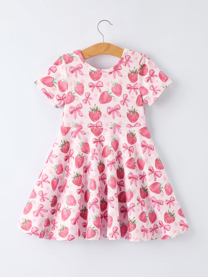 Summer Strawberry Bow Girls Short Sleeve Dress