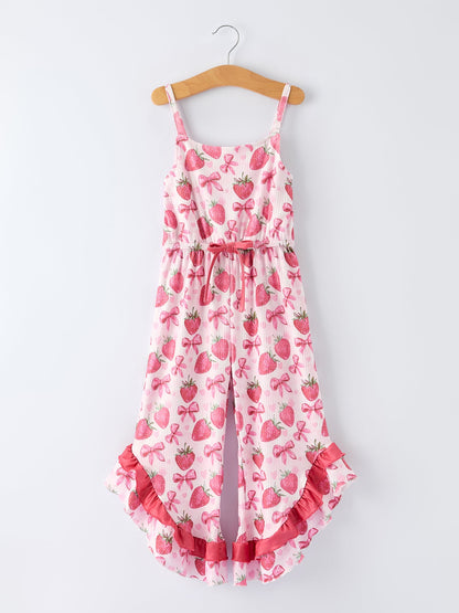 Summer Strawberry Bow Girls Jumpsuit