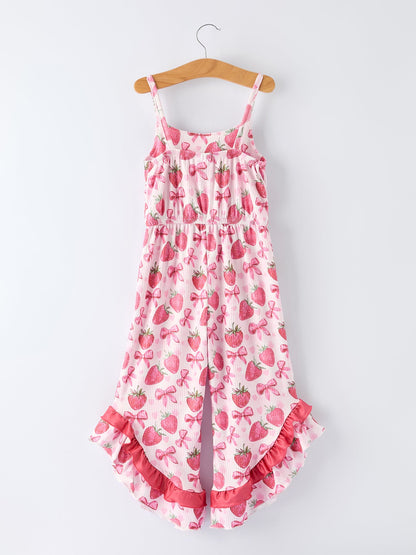 Summer Strawberry Bow Girls Jumpsuit