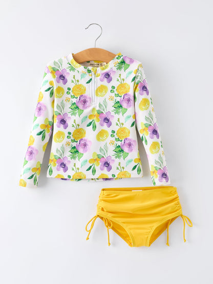 Summer Yellow Floral Print Girls Long Sleeve Swim Set