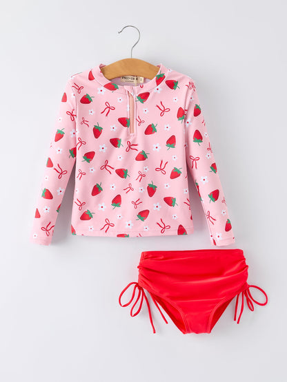 Summer Strawberry Print Girls Long Sleeve Swim Set