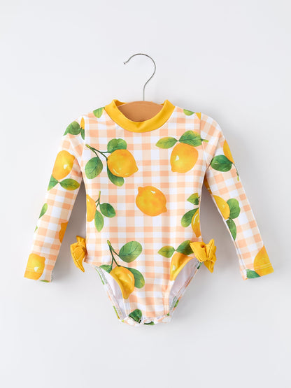 Lemon Print Long Sleeve Girls One Piece Swimsuit