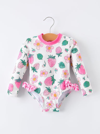 Strawberry Floral Print Long Sleeve Girls One Piece Swimsuit