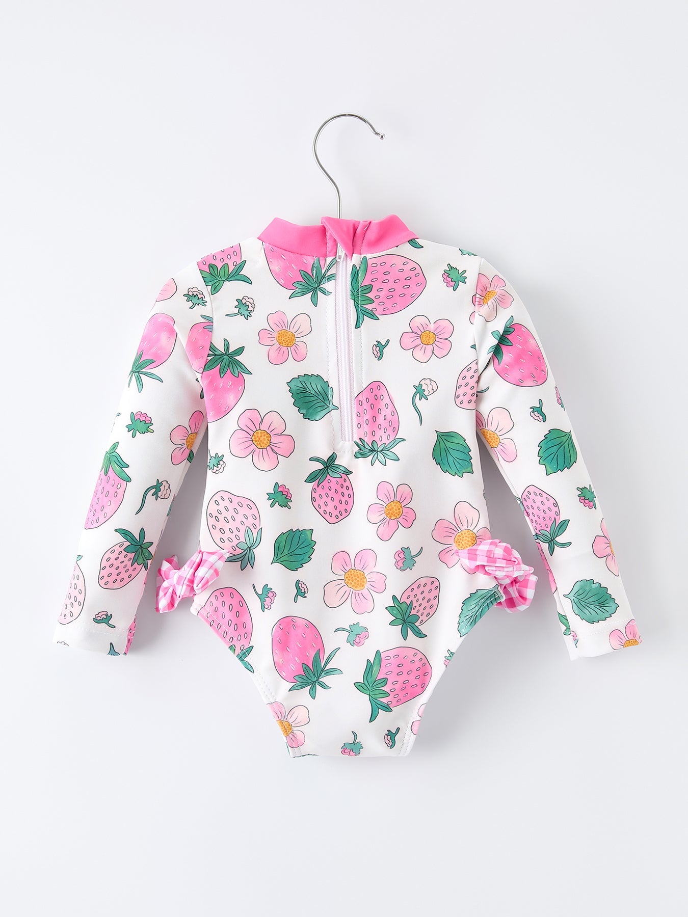 Strawberry Floral Print Long Sleeve Girls One Piece Swimsuit