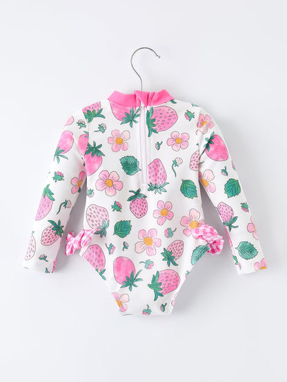 Strawberry Floral Print Long Sleeve Girls One Piece Swimsuit