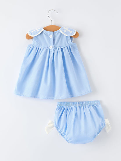 Blue Petal Peter Pan Collar Christening Baby Girls Bloomer Set