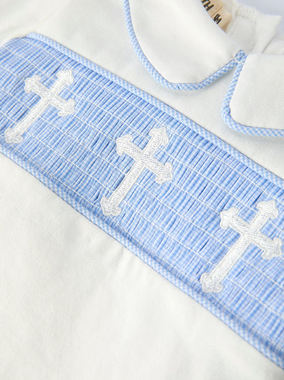 Blue Smocked Church Christ Bishop Christening Baby Boy Bloomer Set