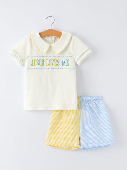 PREORDER "Jesus Loves Me "Embroidered Toddler Boys'Set