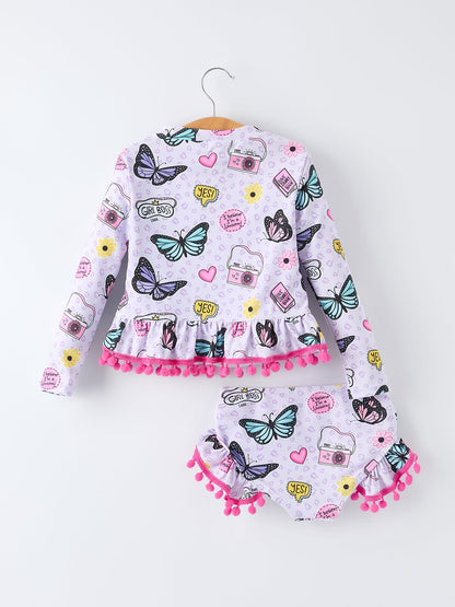 Girls Butterfly Long Sleeve Ruffle Swimsuit Set