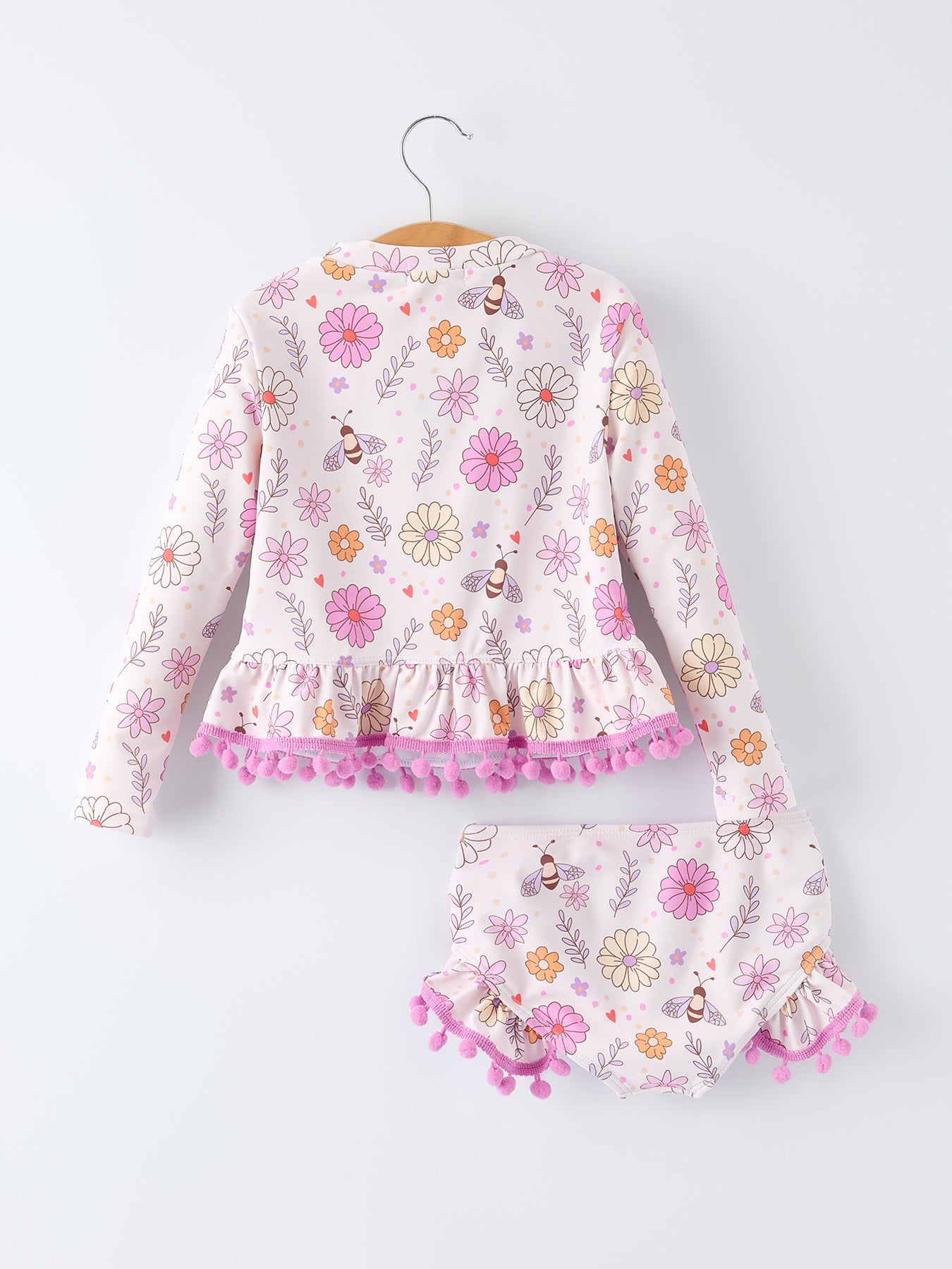 Girls Floral Bee Long Sleeve Ruffle Swimsuit Set
