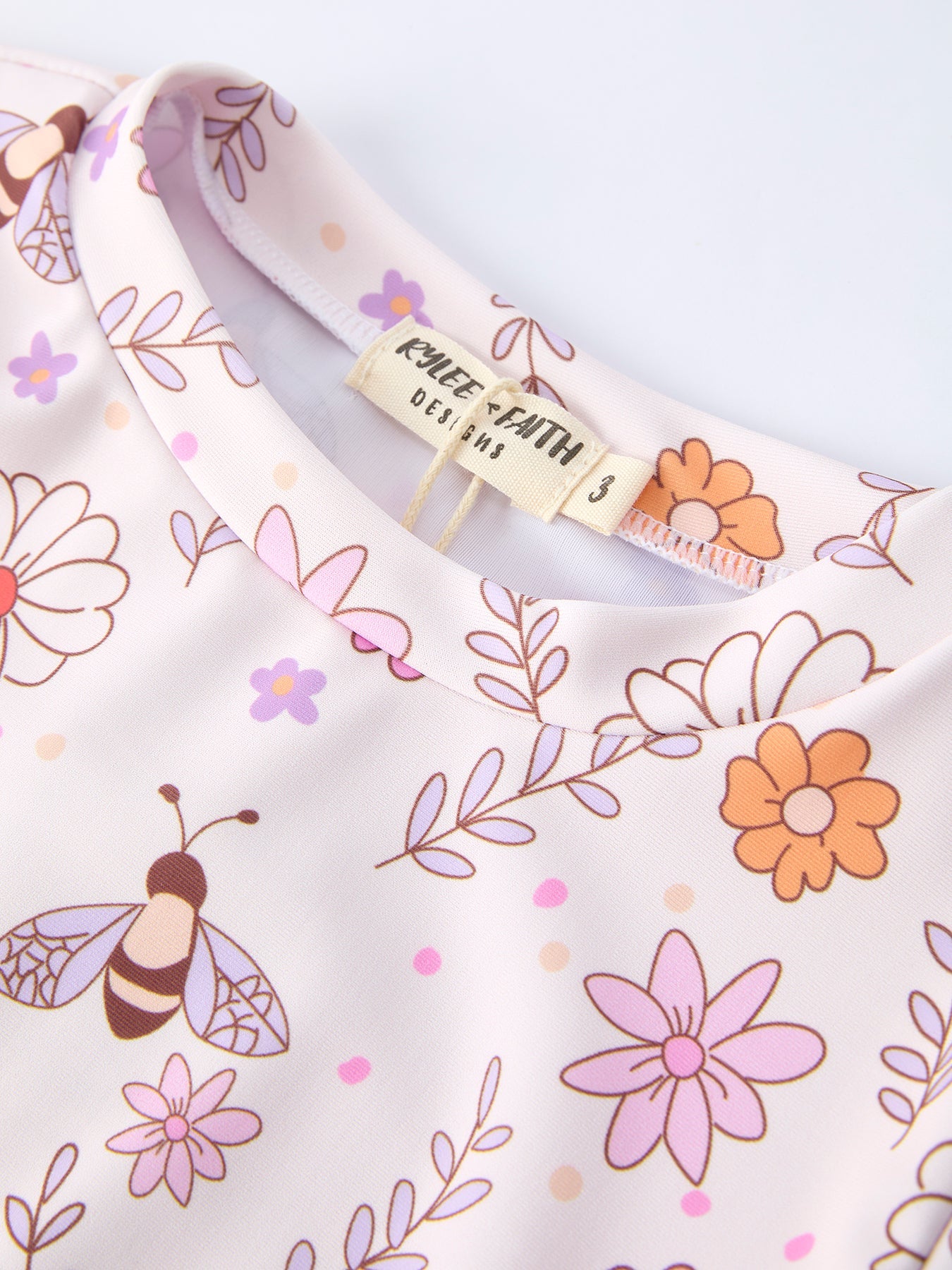 Girls Floral Bee Long Sleeve Ruffle Swimsuit Set