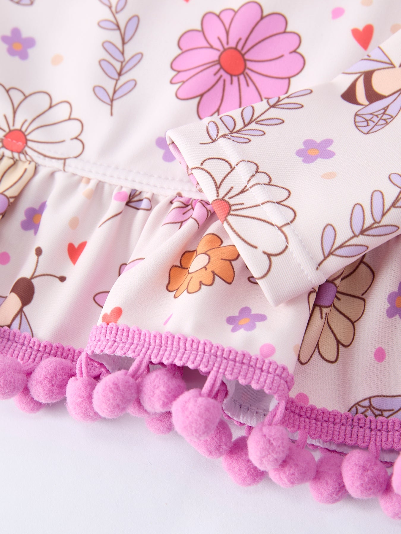 Girls Floral Bee Long Sleeve Ruffle Swimsuit Set