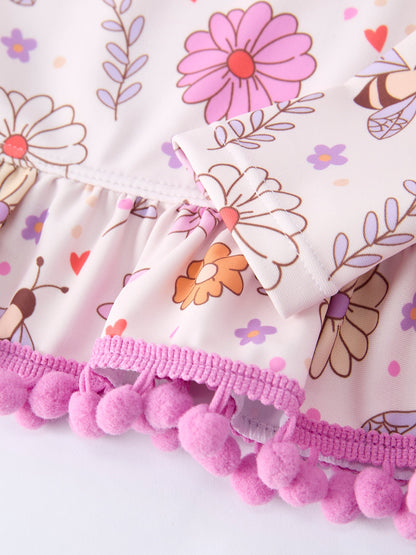 Girls Floral Bee Long Sleeve Ruffle Swimsuit Set