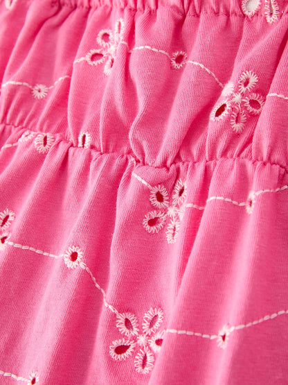 Pink Color Girl Bow Strap Ruffle Dress