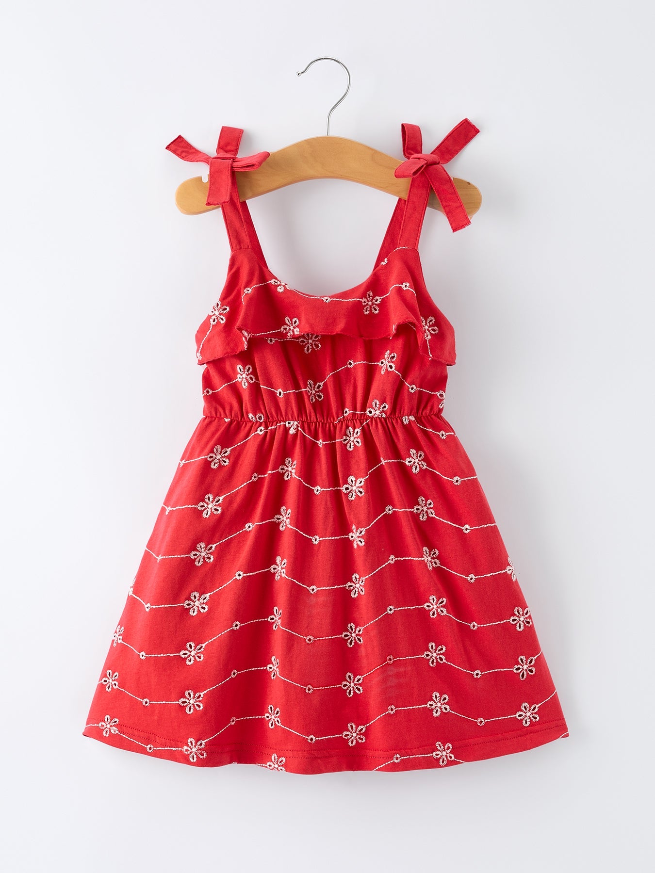 Red Color Girl Bow Strap Ruffle Dress