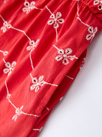 Red Color Girl Bow Strap Ruffle Dress