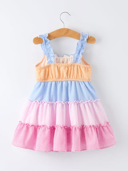 Colorblock Gingham Girls Ruffle Dress