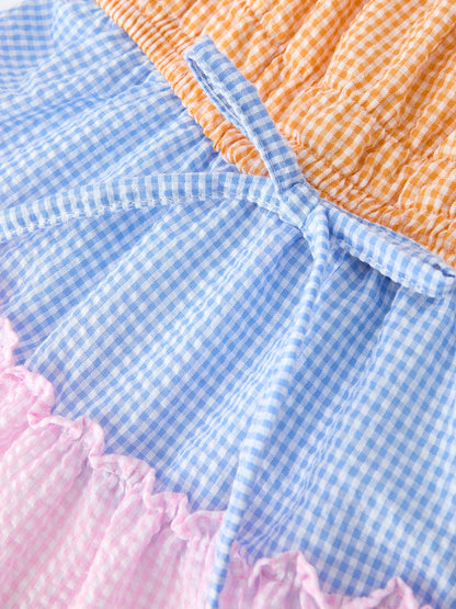 Colorblock Gingham Girls Ruffle Dress