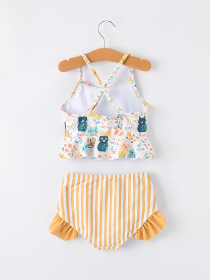 Summer Cat Print Girls Two Piece Swimsuit